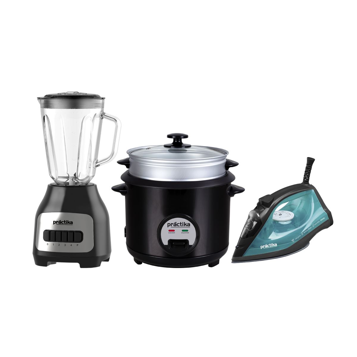 Combo Práctika Olla Arrocera POM-1K Black + Licuadora BL-600 + Plancha Nova